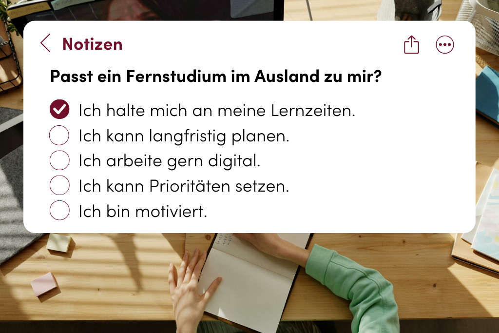Selbstcheck zum Fernstudium im Ausland mit Fragen zur Selbstorganisation